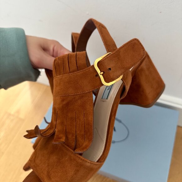 Prada Fringe Slingback Sandals Brown Suede Leather Chunky Block Heels Size 39 - Picture 8 of 13